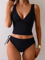 Women's Solid V Neck Tankini Set, Casual Sleeveless Swim Top & Drawstring Swim Bottom, Ladies Swimsuit for Beach Holiday Vaca...