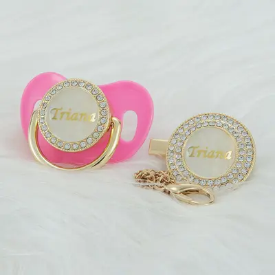 MIYOCAR Custom Gold Bling Diamond Baby Pacifier with Clip Set Personalized for Newborns and Babies Personalized Baby Bling Pa...