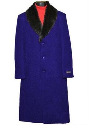 Moscow: MEN'S FUR COLLAR SAPHIRE BLUE 3 BUTTON SINGLE BREASTED WOOL FULL LENGTH OVERCOAT