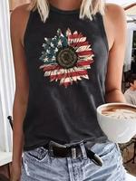 Women's American Flag & Sunflower Print Tank Top, Casual Letter Print Sleeveless Top for Daily Wear, Ladies Clothes for All S...