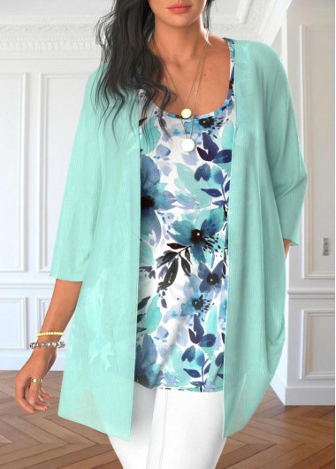 Modlily Mint Green Floral Print Cardigan and Tank Top - XXL