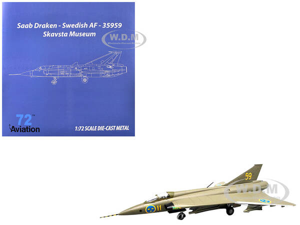Saab S35 Draken Fighter Aircraft 59, F 11 Wing, Skavsta Museum (1979) Swedish Air Force 1/72 Diecast Model Airplane by Avia...
