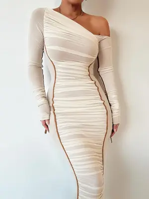 Women's Striped Ruched Asymmetrical Neck Bodycon Dress, Elegant Long Sleeve Long Dress for Party Club Dating Wear, Women's ...