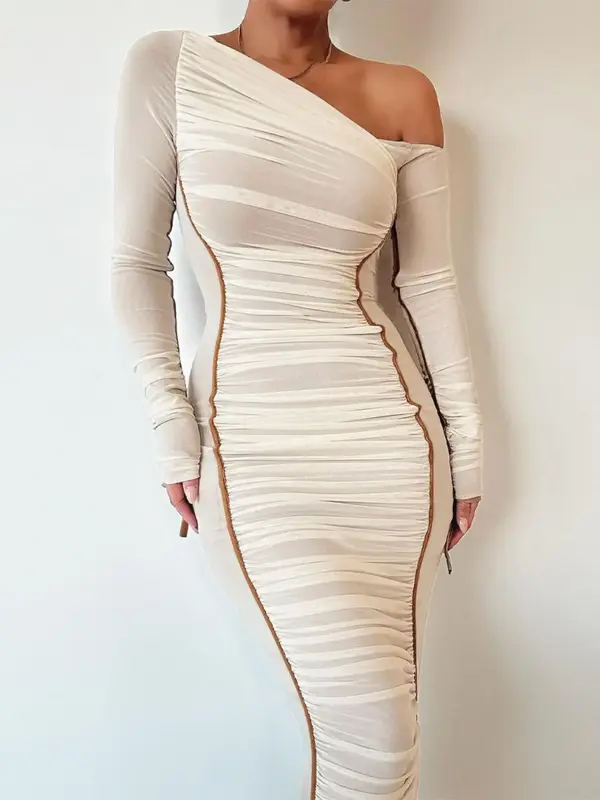 Women's Striped Ruched Asymmetrical Neck Bodycon Dress, Elegant Long Sleeve Long Dress for Party Club Dating Wear, Women's ...