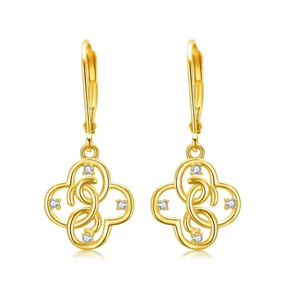 14K Gold Circular Shaped Cubic Zirconia Four Leaf Clover Lever-back Earrings