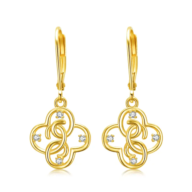 14K Gold Circular Shaped Cubic Zirconia Four Leaf Clover Lever-back Earrings