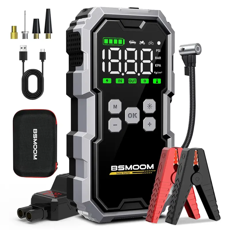 BSMOOM [5-in-1] 9000A Portable Car Jump Starter with Air Compressor(All Gas/10.0L Diesel),With Tireinflator, 12V AutoBoost Ba...