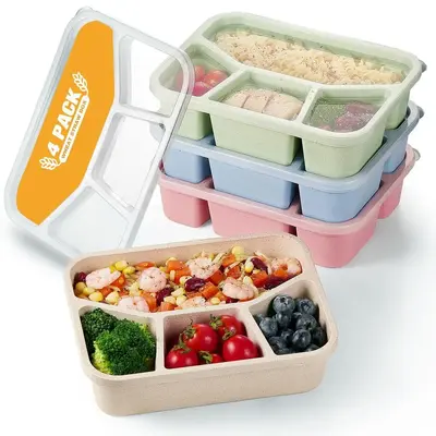 4 Pack Bento Lunch Box, 4 Compartment Wheat Straw Meal Prep Containers for Kids/Toddle/Adults, BPA Free Reusable Food Storage...