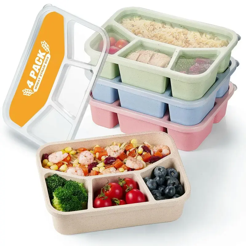 4 Pack Bento Lunch Box, 4 Compartment Wheat Straw Meal Prep Containers for Kids/Toddle/Adults, BPA Free Reusable Food Storage...
