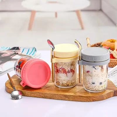 Overnight Oats Cup with Spoon & Insulated Lid, 1 Count/2 Counts Glass Mason Jar with Handle, Modern Portable Food Storage Con...