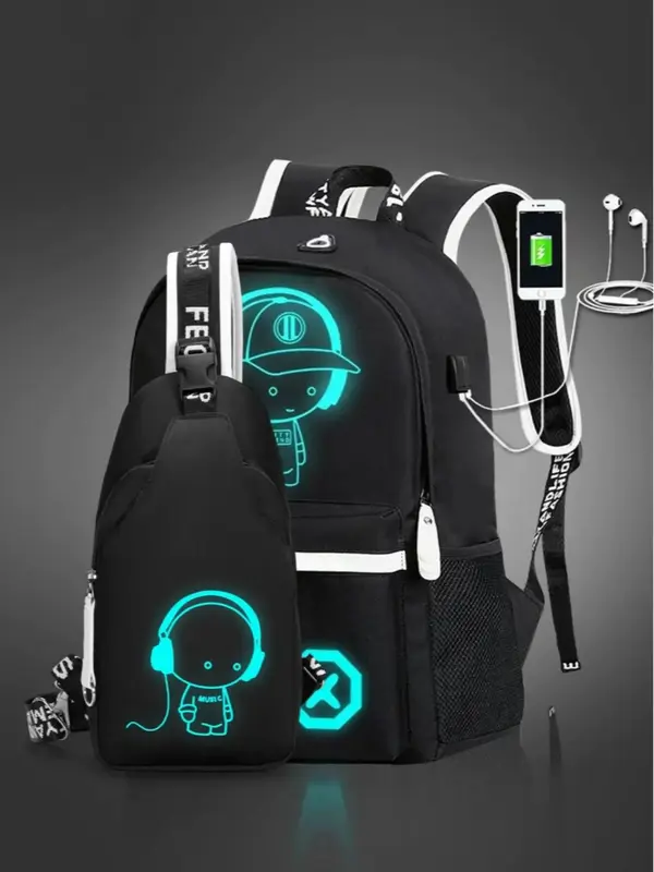 Fashion Cartoon Luminous Backpack & Belt Bag Set, Large Capacity Backpack with USB Charging Port, Lightweight Trendy School B...