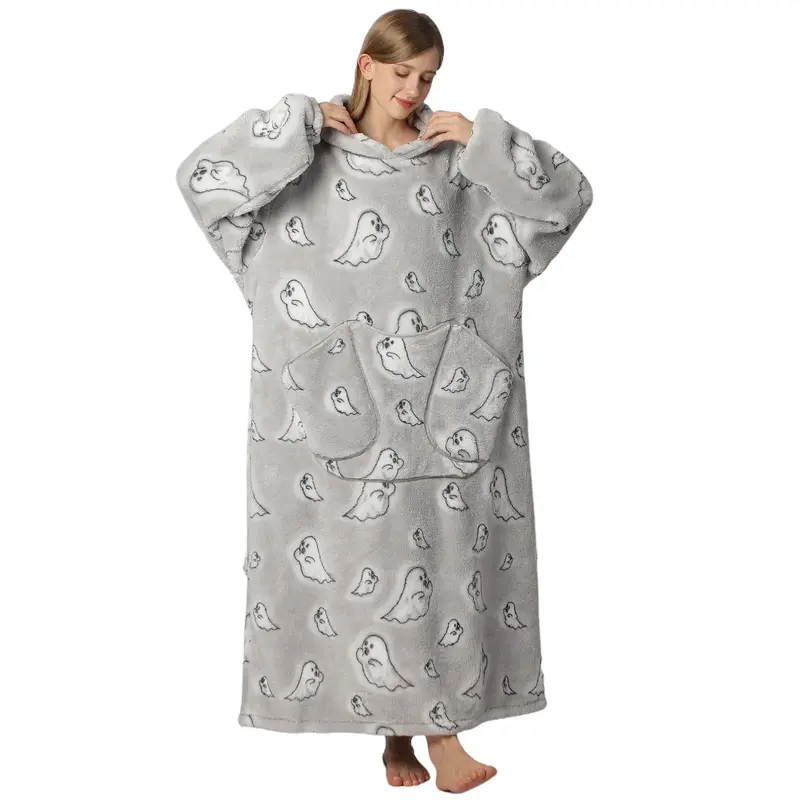 Plus Size Cute Wearable Blanket Nightgown, 1Pcs Women Men Ultra Soft Sherpa Fleece Warm Oversized Hooded Wearable Blanket Wit...