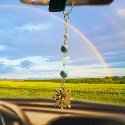 Boho-Style Sun Design Car Hanging Ornament, Car Stuff, Truck Accessories, Handcrafted Green & Golden Sun Car Charm with Heali...