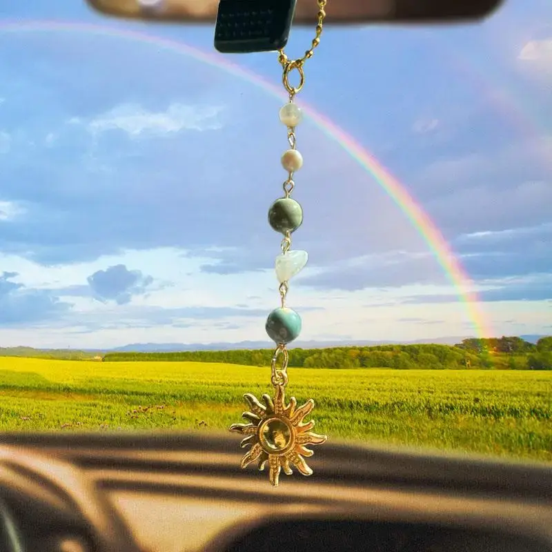 Boho-Style Sun Design Car Hanging Ornament, Car Stuff, Truck Accessories, Handcrafted Green & Golden Sun Car Charm with Heali...
