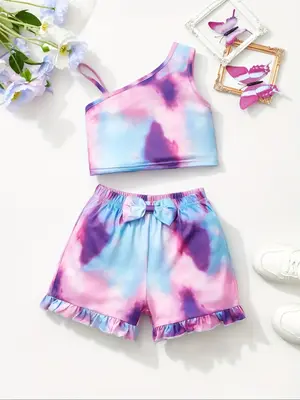 Girl's Tie Dye Print Crop Tank Top & Bow Decor Shorts Two-piece Set, Casual Sleeveless Top & Shorts for Summer, Kids Clothes ...