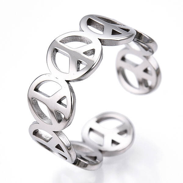 Non-Tarnish 304 Stainless Steel Peace Sign Open Cuff Ring for Women