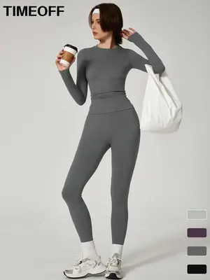 TimeOFF Two-piece Set Women's Seamless High Elastic Soft and Comfortable Breathable Round Neck Waist Printing Label Long Slee...