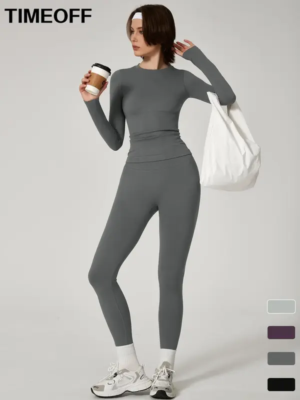 TimeOFF Two-piece Set Women's Seamless High Elastic Soft and Comfortable Breathable Round Neck Waist Printing Label Long Slee...