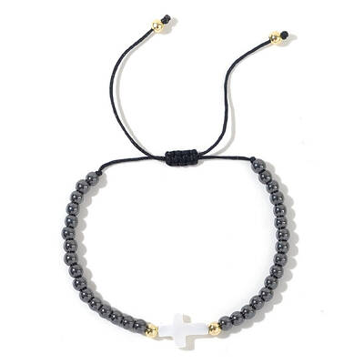 Adjustable Vintage Cross Synthetic Non-magnetic Hematite Braided Beaded Bracelets for Men