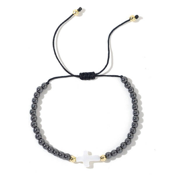 Adjustable Vintage Cross Synthetic Non-magnetic Hematite Braided Beaded Bracelets for Men