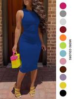 Women's Solid Round Neck Bodycon Dress, Casual  Breathable Sleeveless Crewneck Midi Dress, Back To School Outfits, Sundress, ...