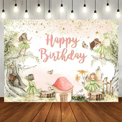 Butterfly Fairy Floral Girls Happy Birthday Backdrop - Aperturee