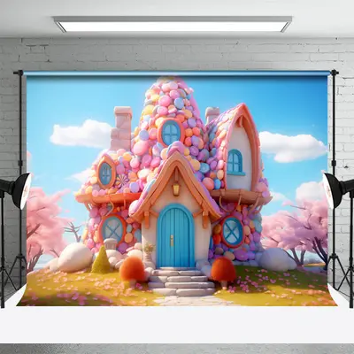 Colorful Candy House Bule Sky Birthday Backdrop - Aperturee