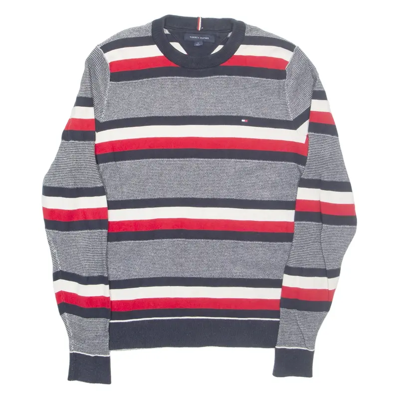 TOMMY HILFIGER Womens Patterned Jumper Blue Striped Tight Knit M