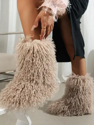 Women's Solid Color Fluffy Trim Outdoor Snow Boots, Casual Comfortable Warm Boots for Winter, Holiday Gift, Fashionable Boo...