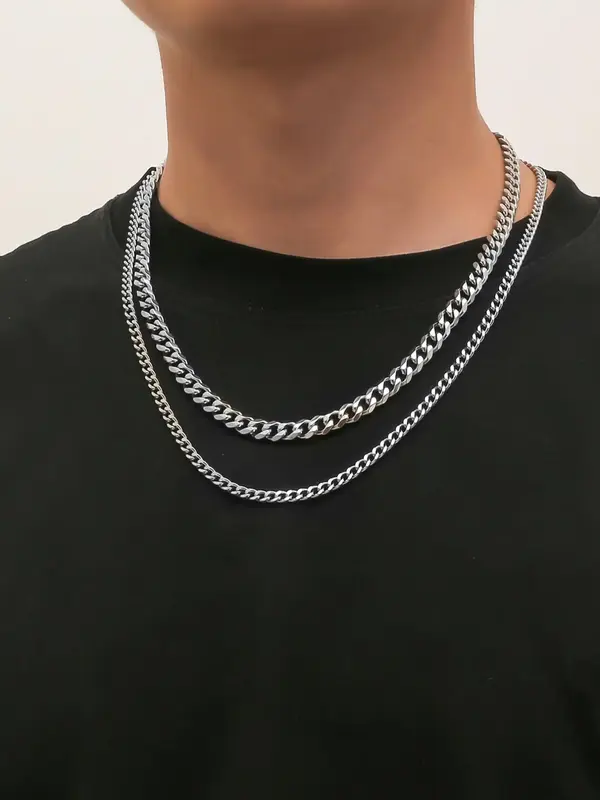2counts/set Men's Summer Outfits 2024 Minimalist Chain Necklace, Stainless Steel Jewelry, Fashion All-match Accessory, Daily ...