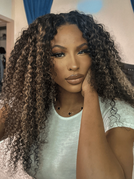 Bye Bye Knots Wig 7x5 Glueless Lace Honey Brown Highlights Jerry Curly Wig With Bleached Knots 150% Density