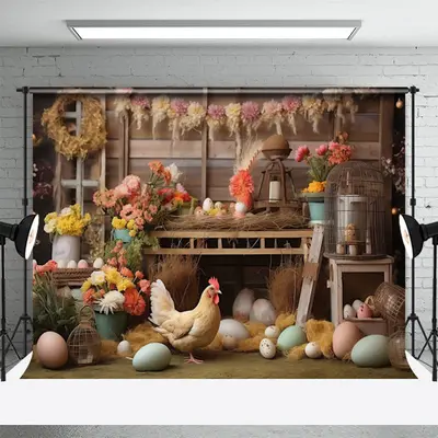 Colorful Floral Egg Hen Wooden Shelf Easter Backdrop - Aperturee
