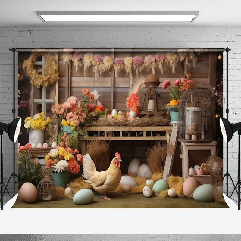 Colorful Floral Egg Hen Wooden Shelf Easter Backdrop - Aperturee