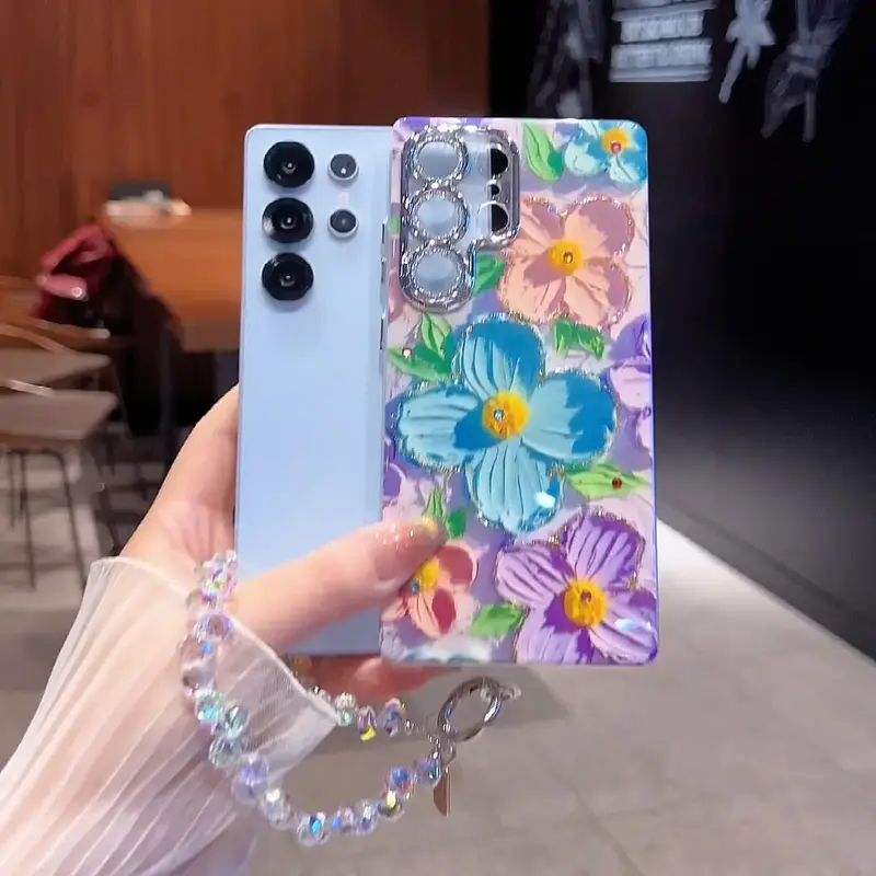 Blue Flower Oil Painting Green Purple Flower Fashion Phone case for  S25 Ultra/S24/S23/S22 Plus phone case Fall Resistant pho...