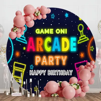 Aperturee Neon Game On Arcade Party Round Birthday Backdrop, Diameter 5Ft/1.5M, 49 USD, round birthday backdrops, RZH0E877-C