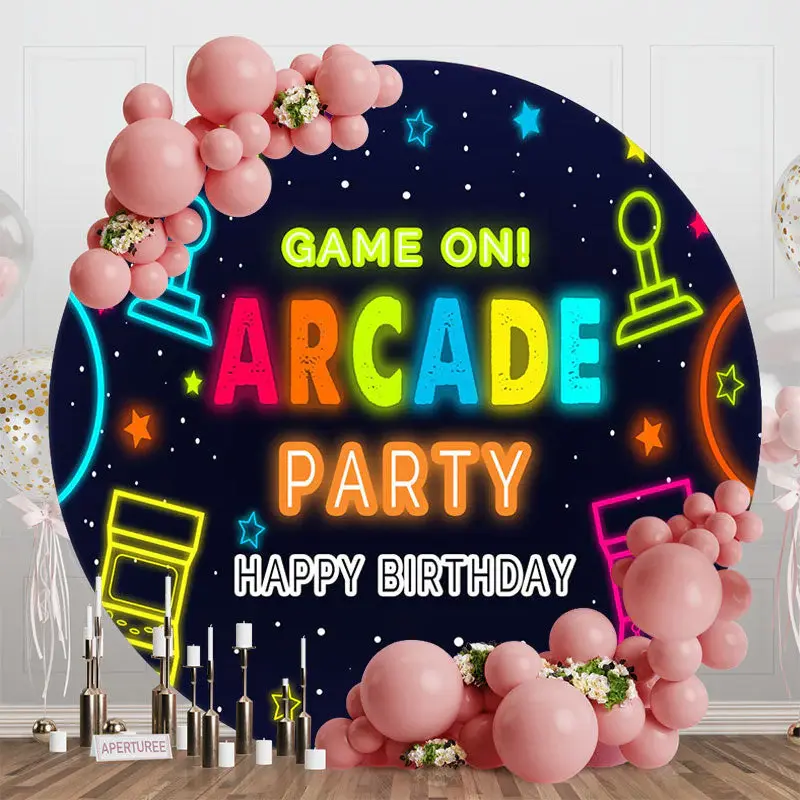 Aperturee Neon Game On Arcade Party Round Birthday Backdrop, Diameter 5Ft/1.5M, 49 USD, round birthday backdrops, RZH0E877-C