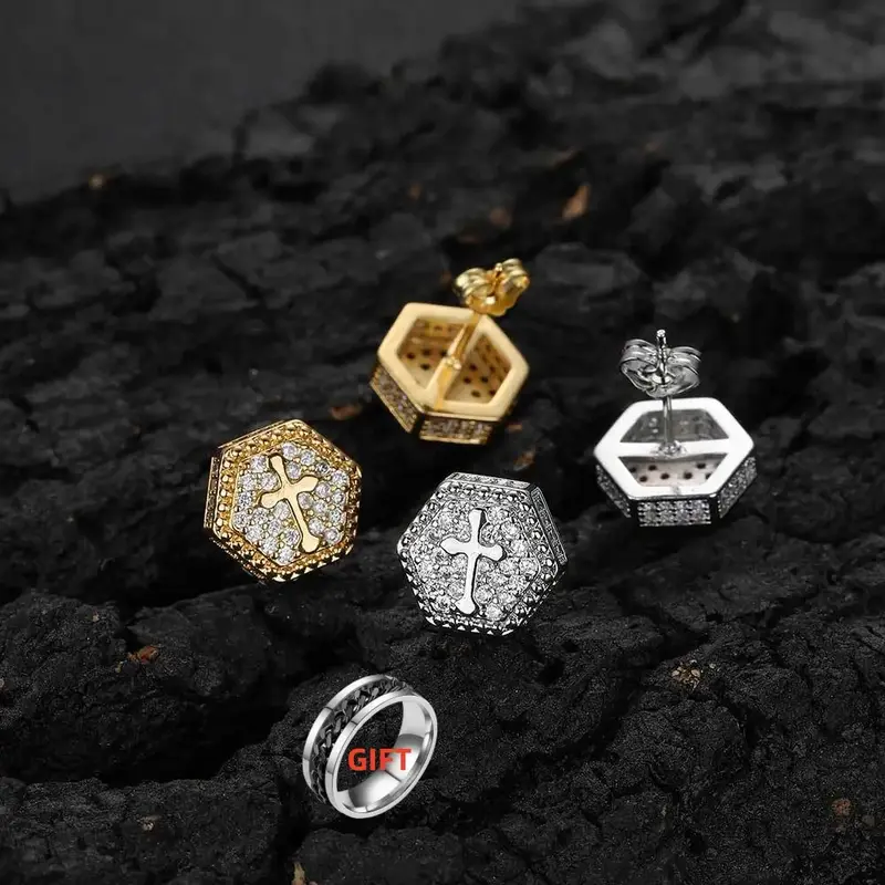 UUR 3A+CZ Hexagonal Cross stud Earrings, High Quality Decorated Hip-Hop Earrings For Men and Women Jewelry Accessorize Embell...