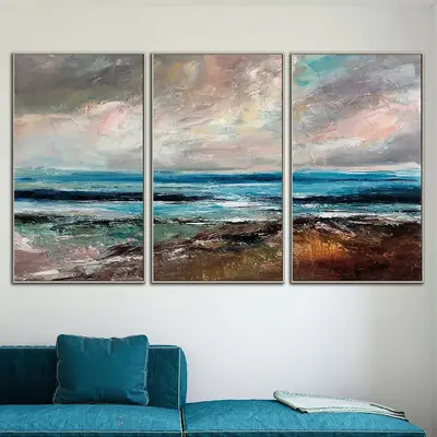 Original Abstract Seascape Set Of 3 Paintings On Canvas Ocean Oil Painting Handmade Blue Art Triptych Paintings | AHEAD OF TH...