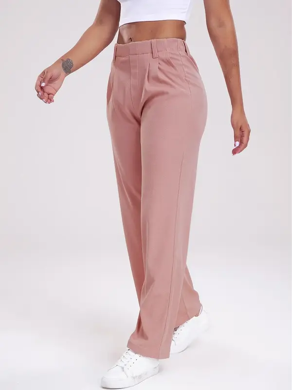 Women's Plain Plicated Pocket High Waist Wide Leg Pants, Casual Elastic Waist Trousers for Yoga Gym Workout Running, Airport...