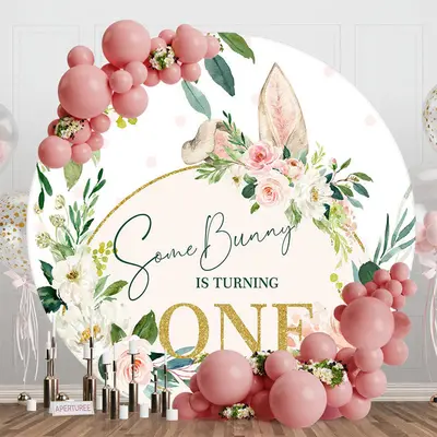 Pink White Floral Bunny Round 1st Birthday Backdrop - Aperturee