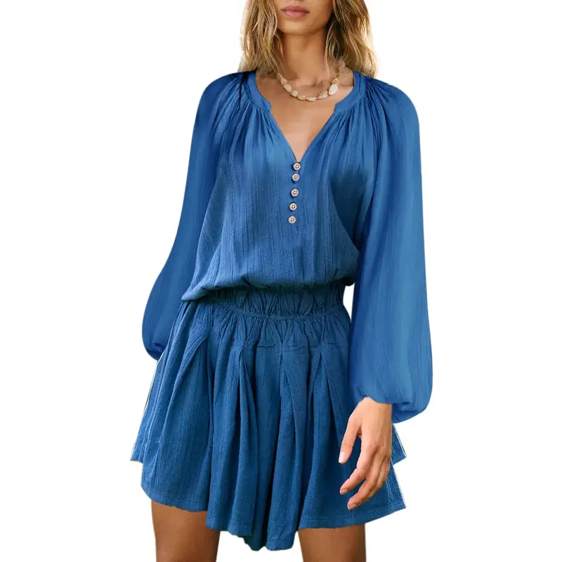 Boho Cotton Linen Maxi Dress for Women – Lantern Sleeve V-Neck Casual Flowy Dress with Waist Elastic for Vacation & Everyda...