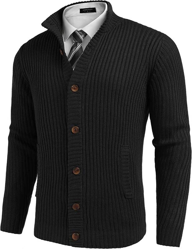 Stand Collar Button Down Sweaters (US Only), Black / XL