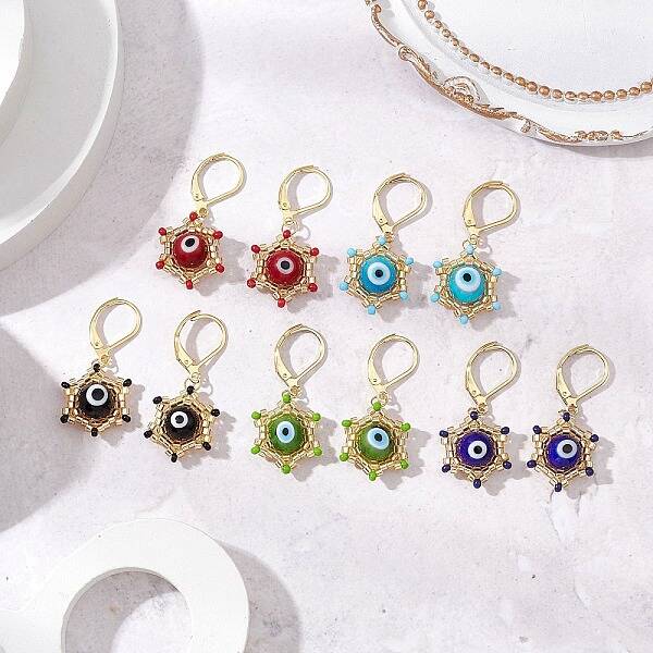 Star of David Evil Eye Handmade Glass Seed Beads with Lampwork Hoop Earrings