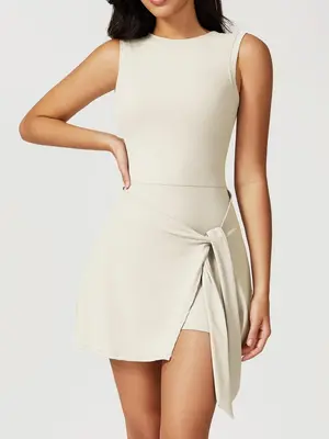 Women's Solid Backless 2 in 1 Knot Front Sports Dress, Sporty Sleeveless Round Neck Wrap Short Dress for Tennis Golf Workout,...