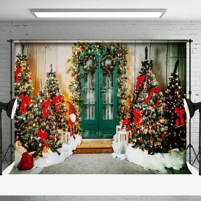 Aperturee Wood Green Door Christmas Tree Photography Backdrop