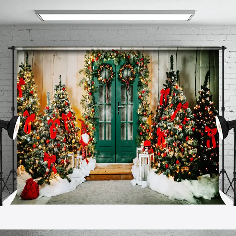 Aperturee Wood Green Door Christmas Tree Photography Backdrop