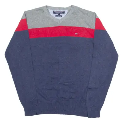TOMMY HILFIGER Mens Jumper Blue V-Neck Tight Knit S