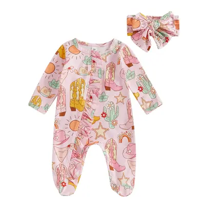 Western Baby Girl Clothes Cowgirl Boots Footie Pajamas Romper Ruffle Long Sleeve Zipper Jumpsuit Sleepwear Newborn Coming Hom...