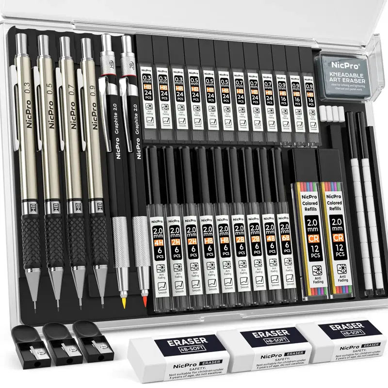 Nicpro 6 Pack Art Mechanical Pencil Set, 4 Pack Metal Drafting Pencil 0.3mm & 0.5 mm & 0.7 mm & 0.9 mm & 2 Pack 2mm Lead Hold...