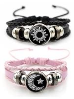 Sun & Moon Charm Decor Matching Bracelets, Vintage Punk Multi Layer Beaded Weaving Adjustable Bracelet, Fashion Accessories f...